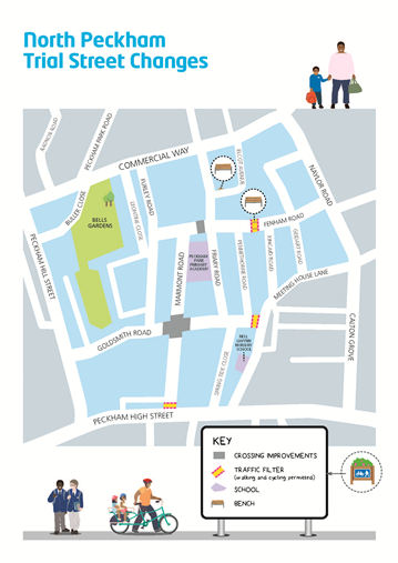 Map of Peckham Trial Street Changes relocated benches